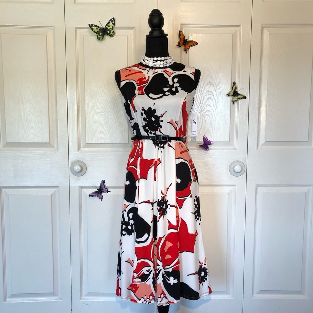 📂 Shelby & Palmer Black and Red Floral Print Belted Midi Dress Small NWT